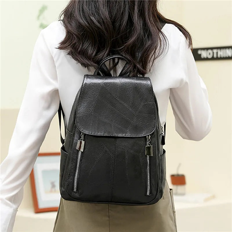 Women PU Leather Backpack Large Capacity Waterproof Rucksack Mochila