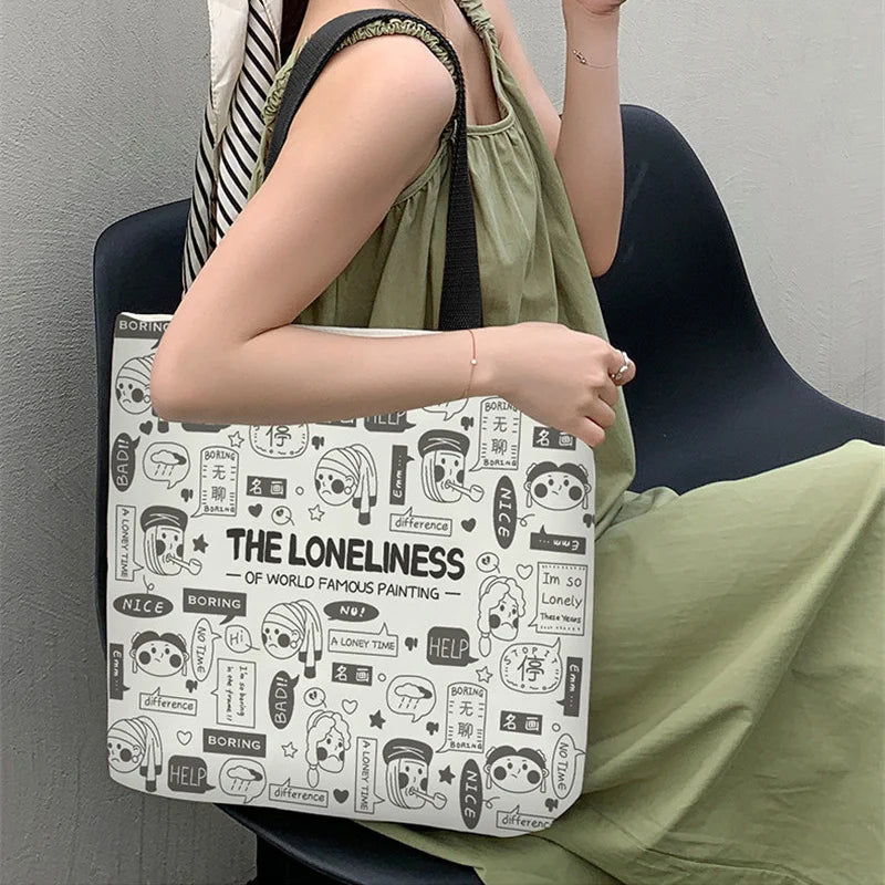 Y2k Canvas Tote Bag Big Capacity Square Pattern Shoulder Bag Sac A Main Femme