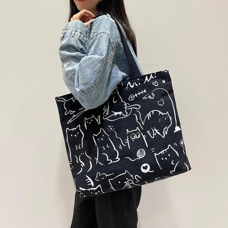 Y2k Canvas Tote Bag Big Capacity Square Pattern Shoulder Bag Sac A Main Femme