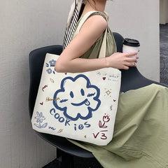 Y2k Canvas Tote Bag Big Capacity Square Pattern Shoulder Bag Sac A Main Femme