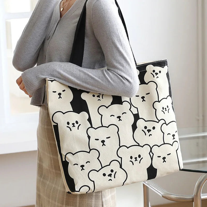 Y2k Canvas Tote Bag Big Capacity Square Pattern Shoulder Bag Sac A Main Femme