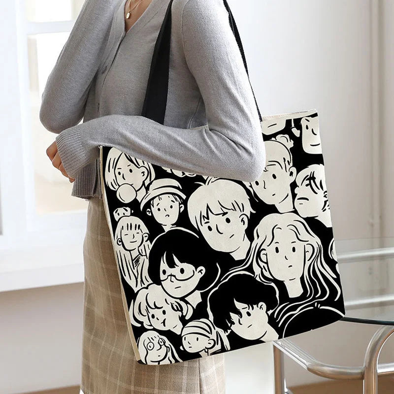 Y2k Canvas Tote Bag Big Capacity Square Pattern Shoulder Bag Sac A Main Femme