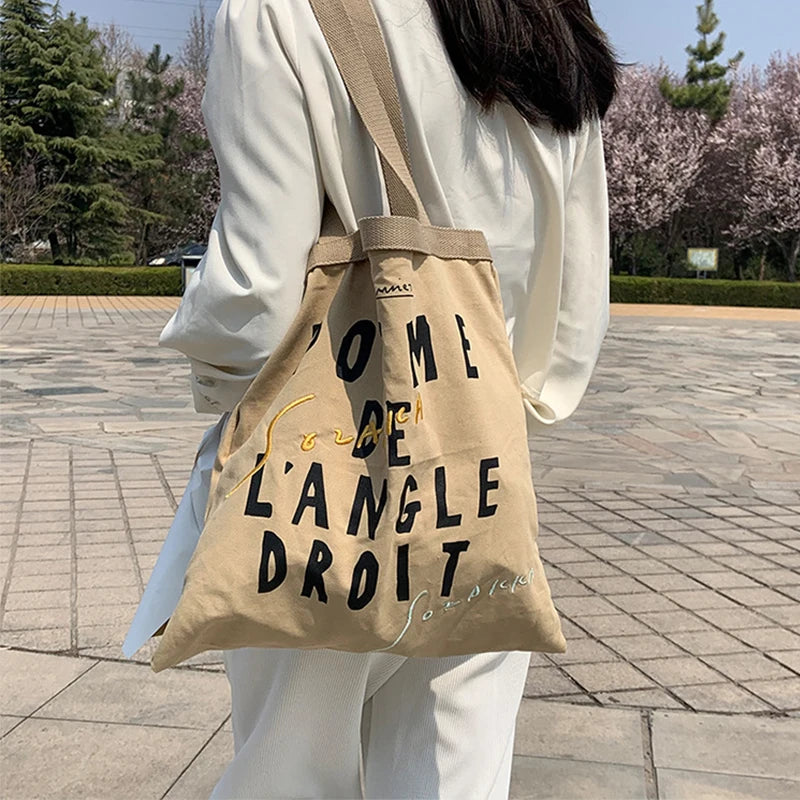 Canvas Shoulder Bag Women Retro Letter Embroidery Print Handbag