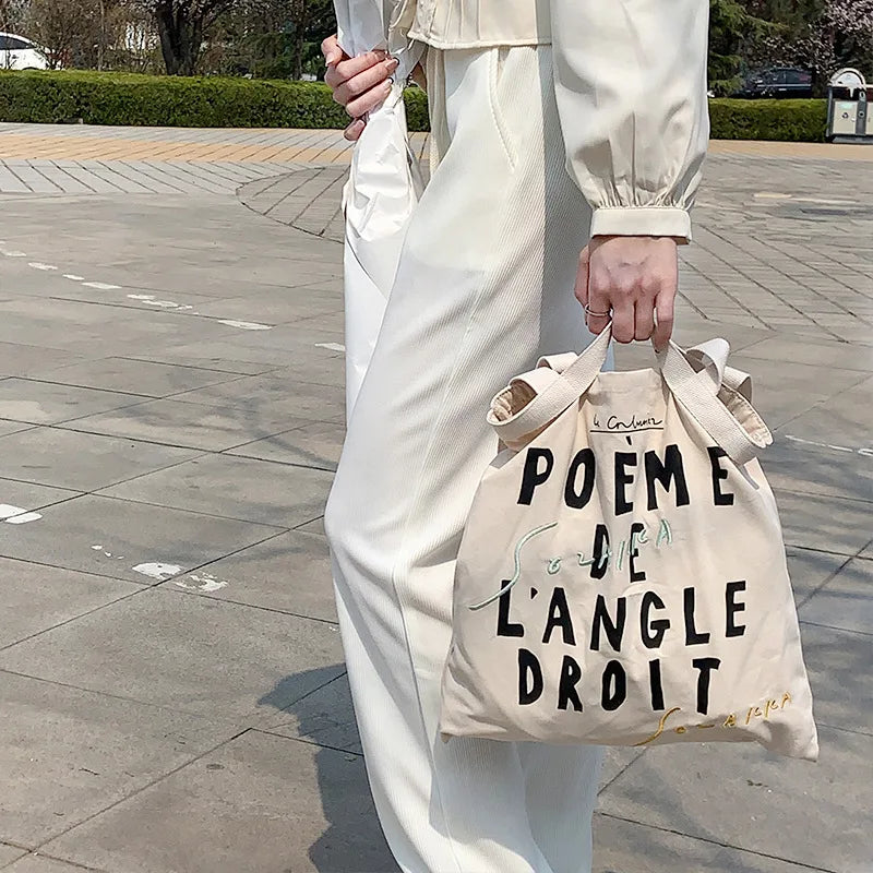 Canvas Shoulder Bag Women Retro Letter Embroidery Print Handbag