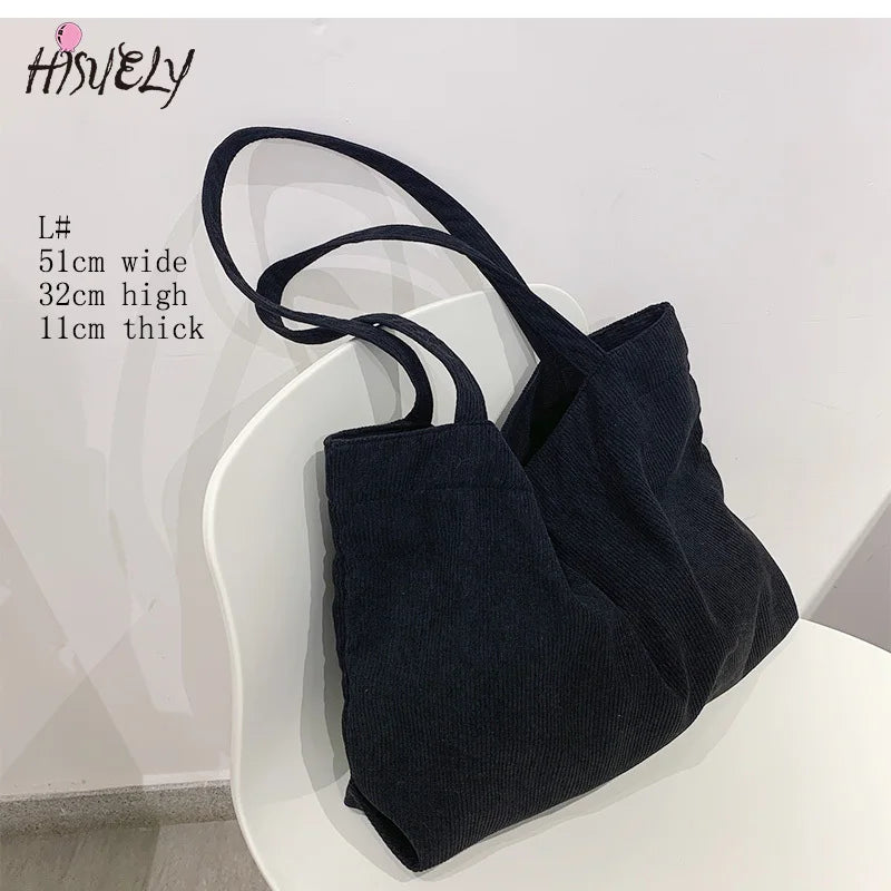 Corduroy Canvas Tote Bag Zipper Shoulder Handbags