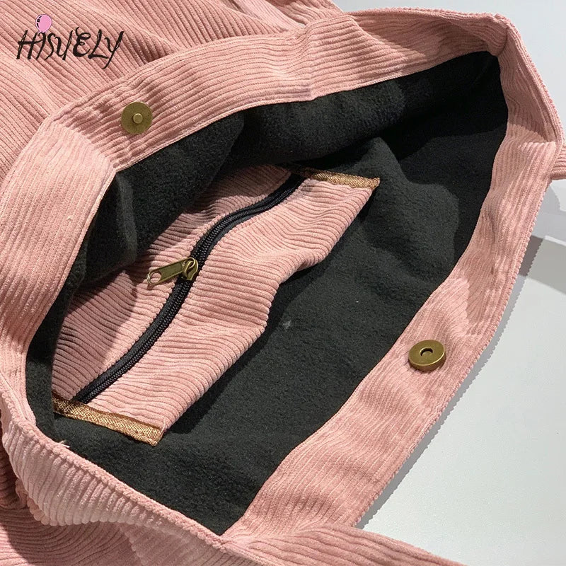 Corduroy Canvas Tote Bag Zipper Shoulder Handbags