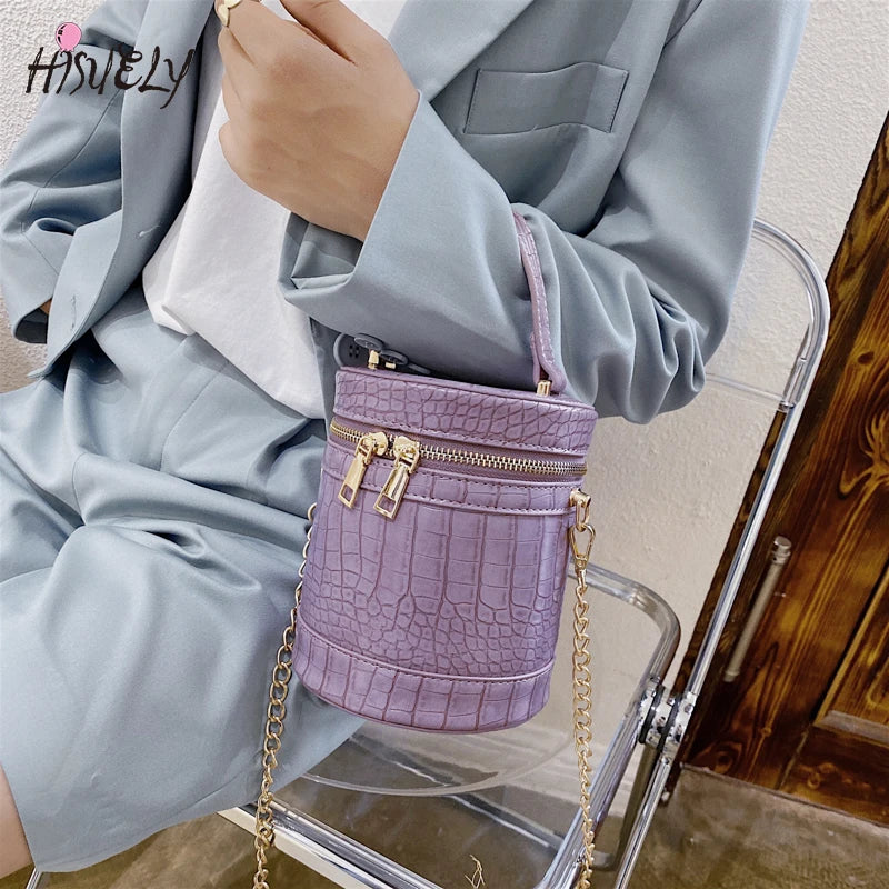 Crocodile Pu Leather Bucket Bag for Women Small Crossbody Chain Shoulder Purse