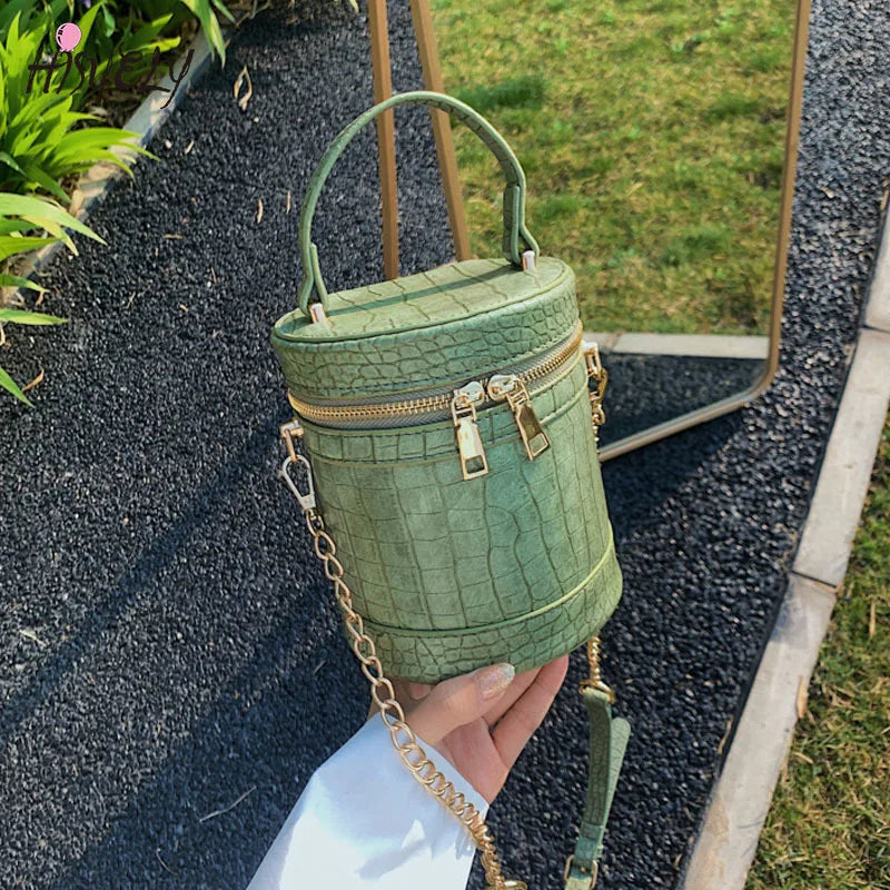 Crocodile Pu Leather Bucket Bag for Women Small Crossbody Chain Shoulder Purse