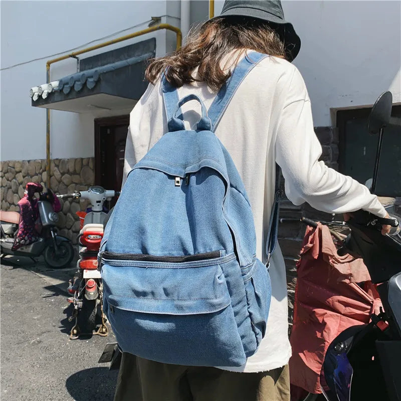 Retro Denim Women Backpack Large Capacity School Bag for Teenage Girls