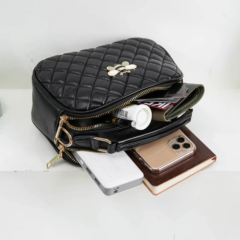 Diamond Lattice PU Leather Female Bee Handbag Lady's Shoulder Cross Body Bags