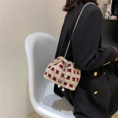 Pink Wool Fur Bucket Bag Chain Crossbody Party Clutch Lady