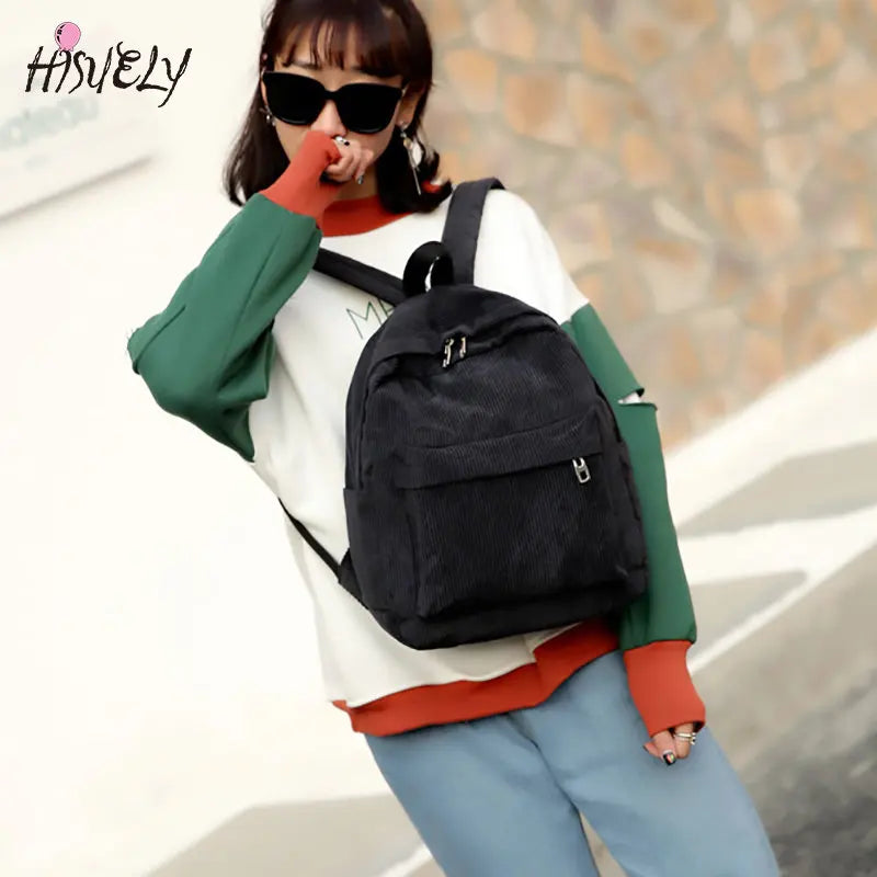 Corduroy Women School Backpack Teenger Girl School Bags