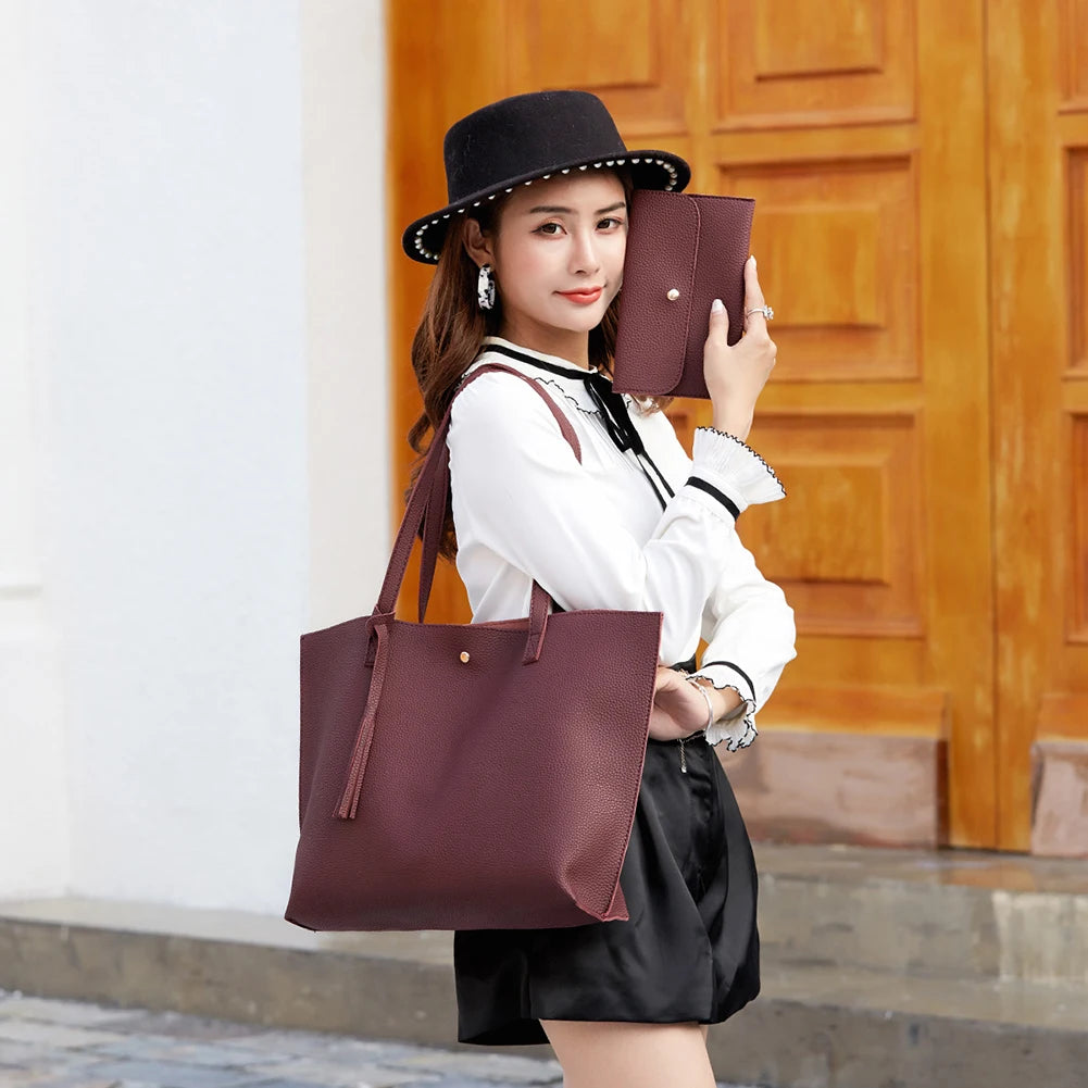 Women's PU Leather Tassel Pouch Large Capacity Tote Handbag