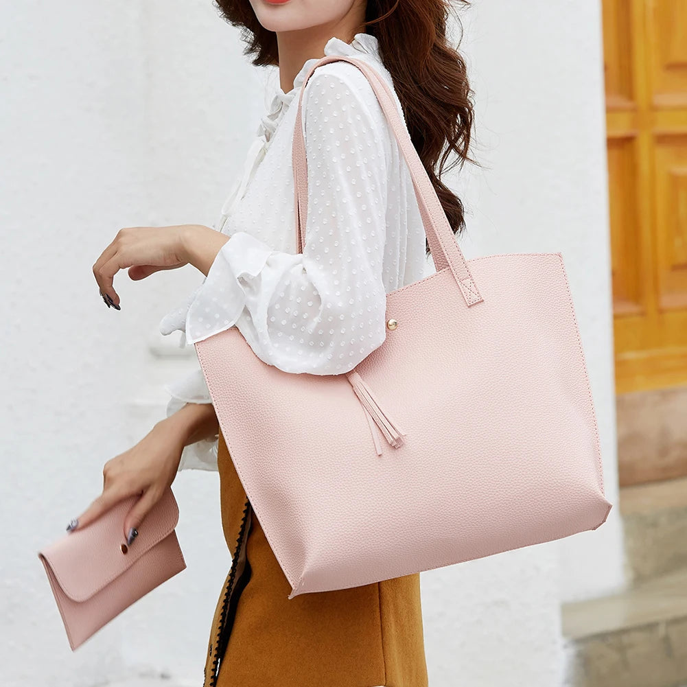 Women's PU Leather Tassel Pouch Large Capacity Tote Handbag