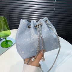 Women Chain Bucket Bags Denim Canvas Shoulder Bags Lady Crossbag Bags
