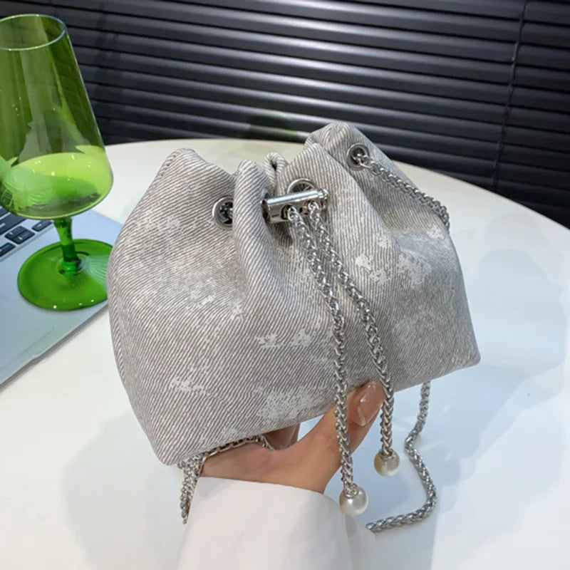 Women Chain Bucket Bags Denim Canvas Shoulder Bags Lady Crossbag Bags