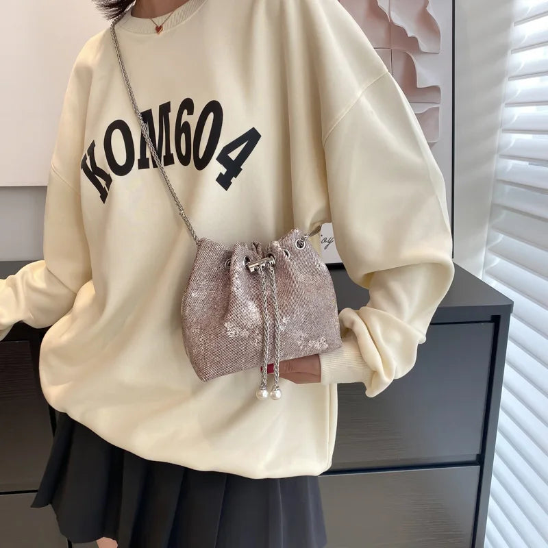 Women Chain Bucket Bags Denim Canvas Shoulder Bags Lady Crossbag Bags