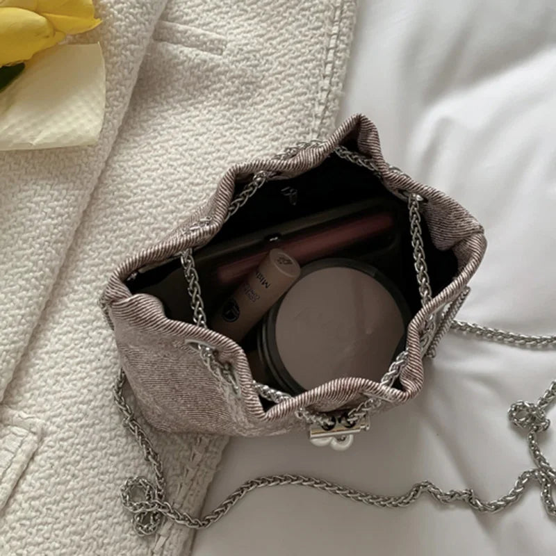 Women Chain Bucket Bags Denim Canvas Shoulder Bags Lady Crossbag Bags