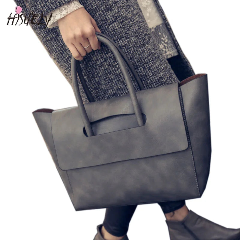 Women Tote Bag High Capacity PU Leather Handbags Brown Gray