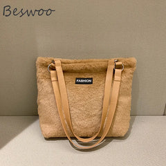 Plush Tote Bag for Women Retro Casual Handbag Fluffy Large Capacity Shoulder Bag