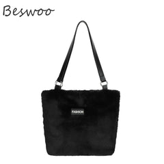 Plush Tote Bag for Women Retro Casual Handbag Fluffy Large Capacity Shoulder Bag