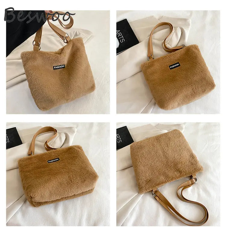 Plush Tote Bag for Women Retro Casual Handbag Fluffy Large Capacity Shoulder Bag