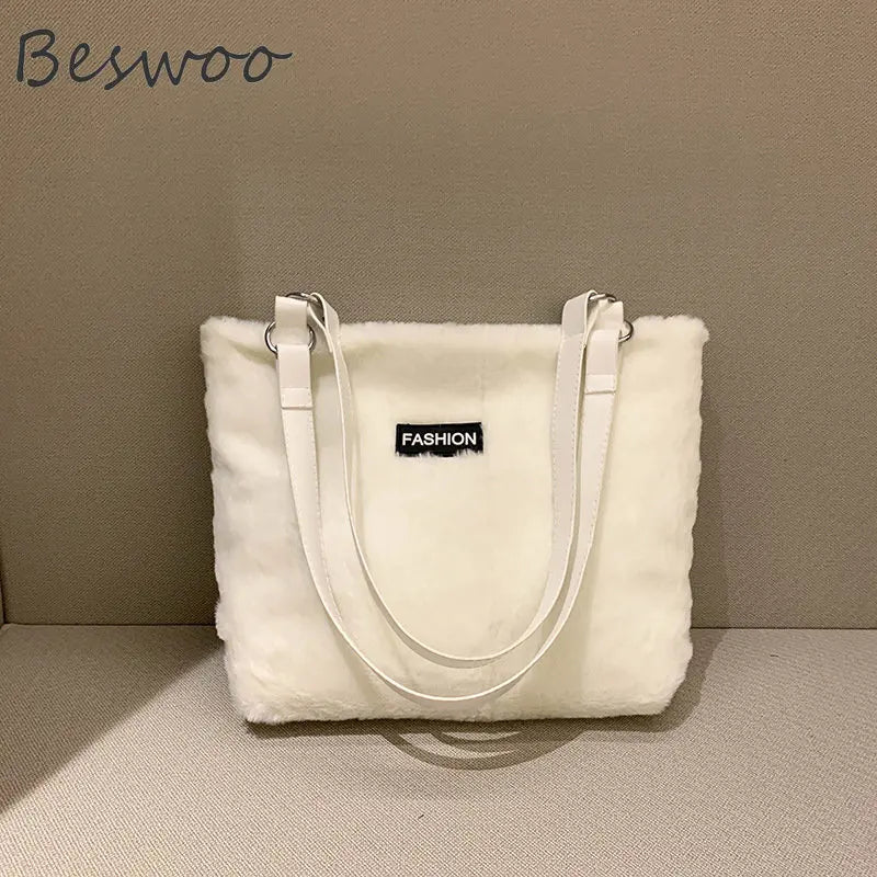 Plush Tote Bag for Women Retro Casual Handbag Fluffy Large Capacity Shoulder Bag
