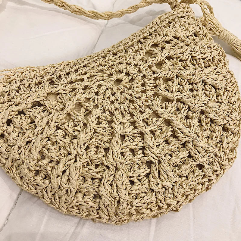 Half Round Straw Bag Women Summer Beach Rattan Bag Woven Crossbody Handbag