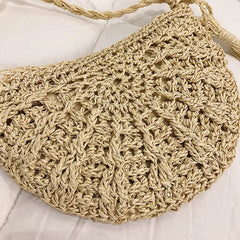 Half Round Straw Bag Women Summer Beach Rattan Bag Woven Crossbody Handbag