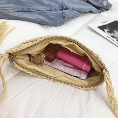 Half Round Straw Bag Women Summer Beach Rattan Bag Woven Crossbody Handbag