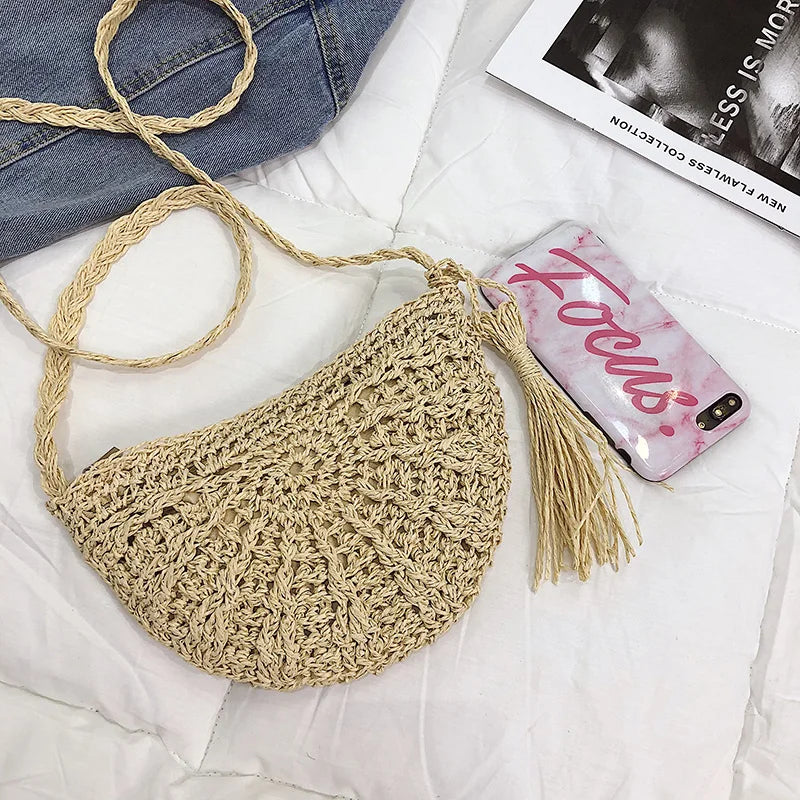 Half Round Straw Bag Women Summer Beach Rattan Bag Woven Crossbody Handbag