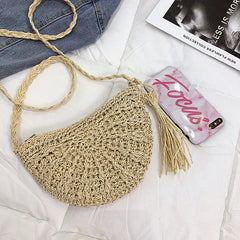 Half Round Straw Bag Women Summer Beach Rattan Bag Woven Crossbody Handbag