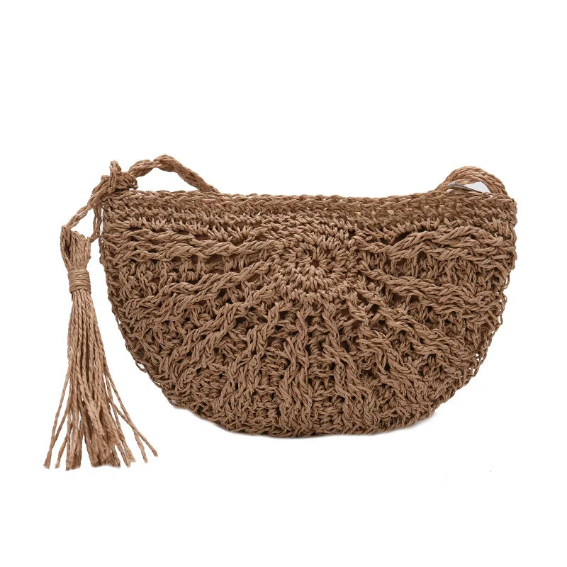 Half Round Straw Bag Women Summer Beach Rattan Bag Woven Crossbody Handbag