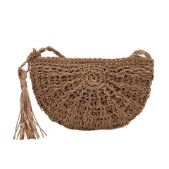 Half Round Straw Bag Women Summer Beach Rattan Bag Woven Crossbody Handbag