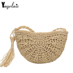 Half Round Straw Bag Women Summer Beach Rattan Bag Woven Crossbody Handbag