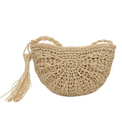 Half Round Straw Bag Women Summer Beach Rattan Bag Woven Crossbody Handbag