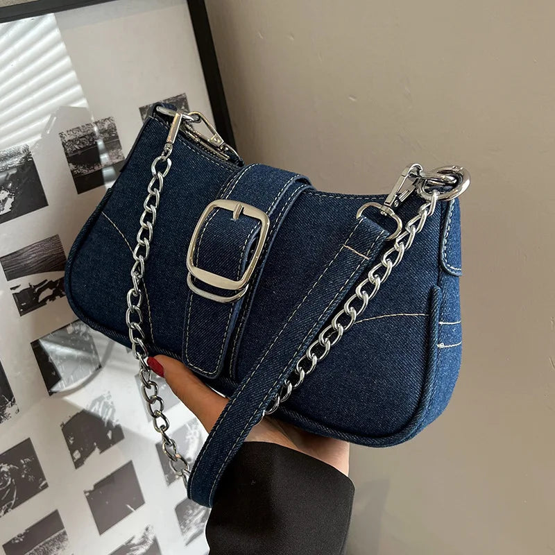 Denim Chain Shoulder Bag Casual Messenger Bag Women's Underarm Bag