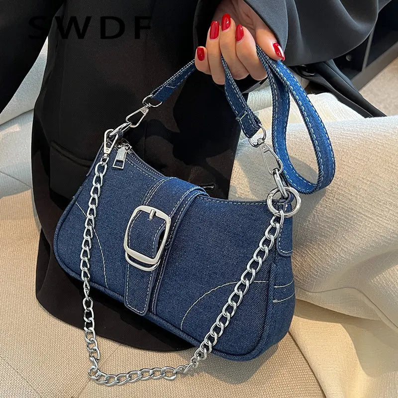 Denim Chain Shoulder Bag Casual Messenger Bag Women's Underarm Bag