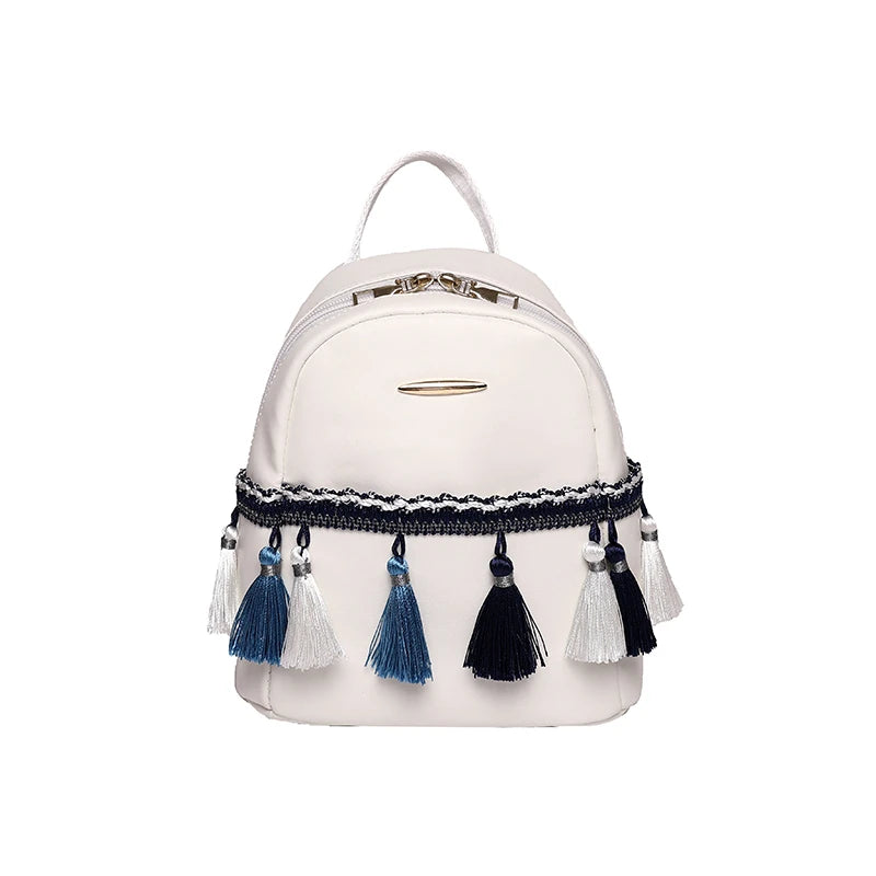 Leather Women Backpack School Bags for Teenage Girl Tassel Small Knapsack