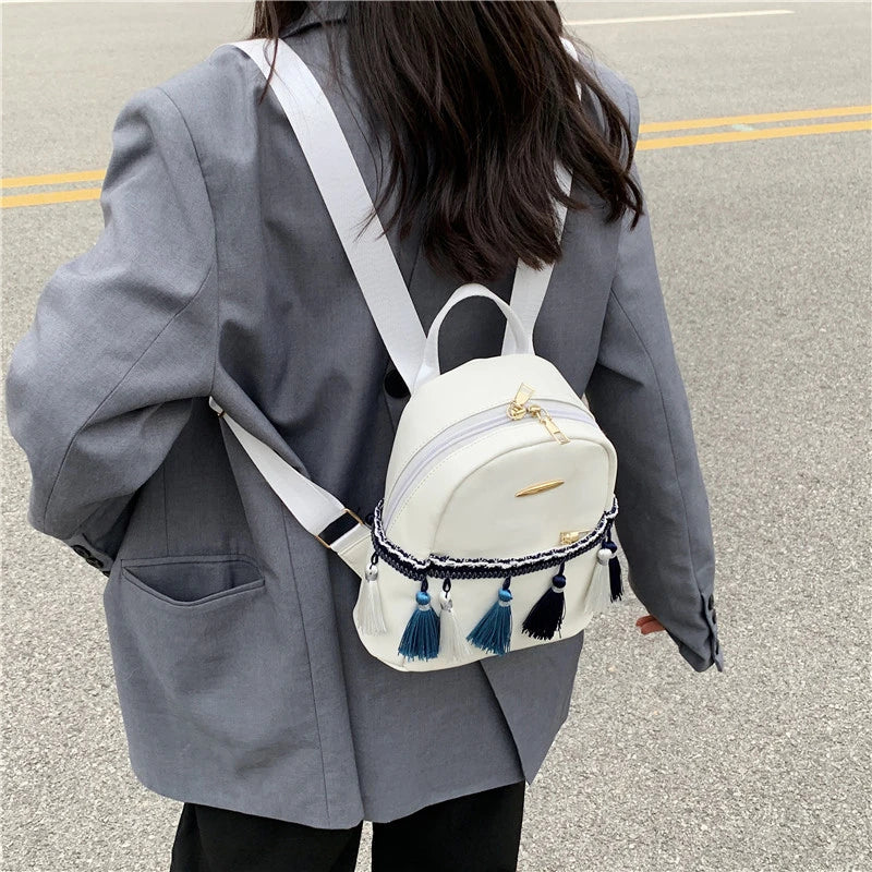 Leather Women Backpack School Bags for Teenage Girl Tassel Small Knapsack