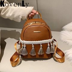 Leather Women Backpack School Bags for Teenage Girl Tassel Small Knapsack