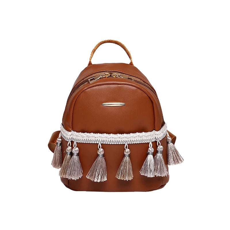 Leather Women Backpack School Bags for Teenage Girl Tassel Small Knapsack