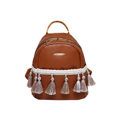 Leather Women Backpack School Bags for Teenage Girl Tassel Small Knapsack