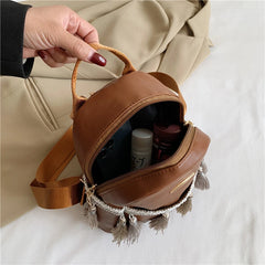 Leather Women Backpack School Bags for Teenage Girl Tassel Small Knapsack