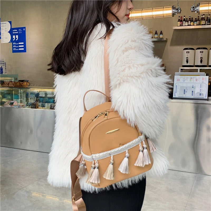 Leather Women Backpack School Bags for Teenage Girl Tassel Small Knapsack