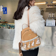 Leather Women Backpack School Bags for Teenage Girl Tassel Small Knapsack