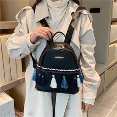 Leather Women Backpack School Bags for Teenage Girl Tassel Small Knapsack