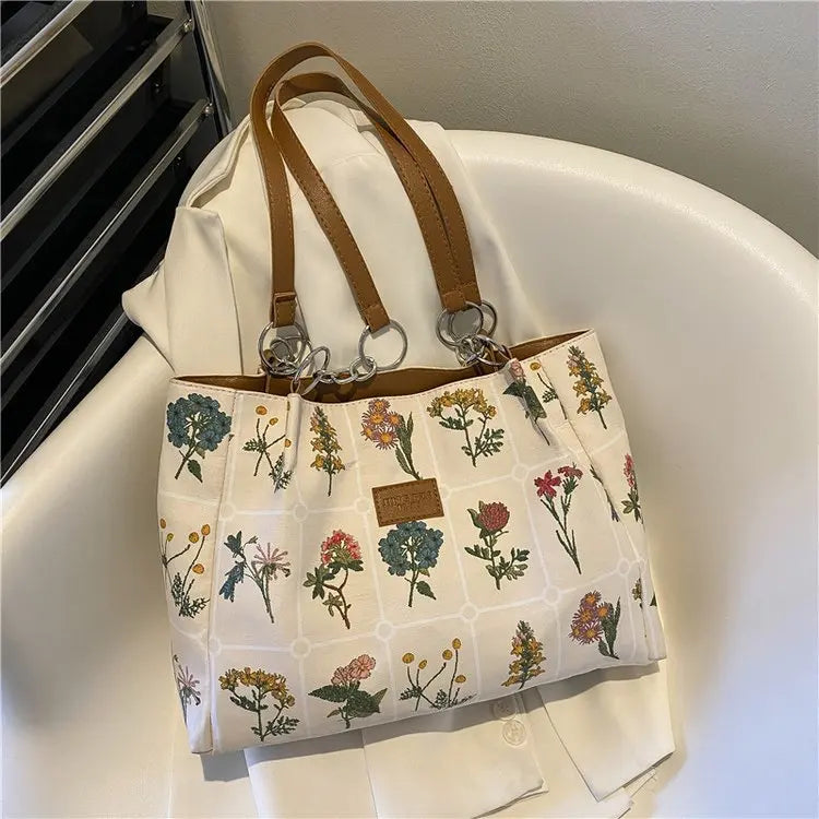 Spring Autum Large Flowers Tote Bag High-Quality Fabric Women's Handbag
