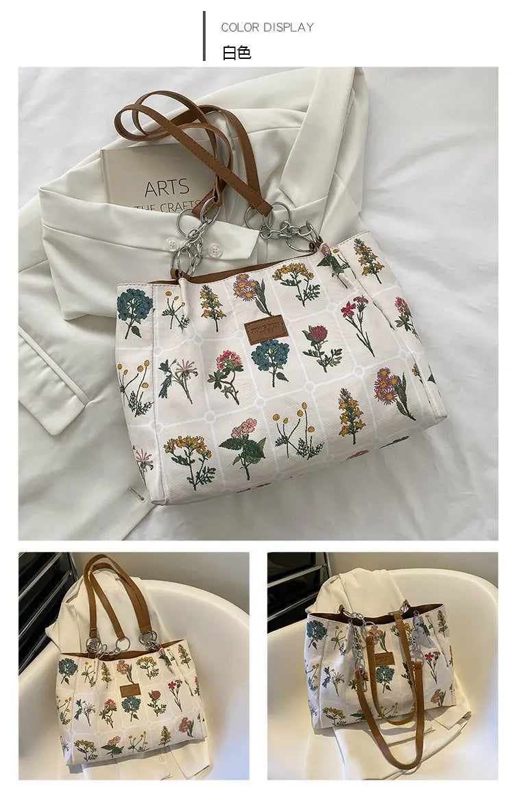 Spring Autum Large Flowers Tote Bag High-Quality Fabric Women's Handbag