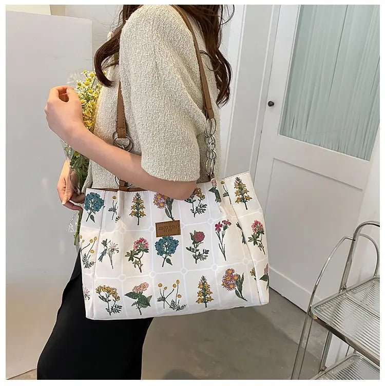 Spring Autum Large Flowers Tote Bag High-Quality Fabric Women's Handbag